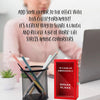 Una caja de regalo roja etiquetada como Break Glass junto a una planta en maceta y una laptop.