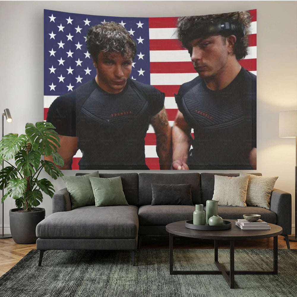 A framed poster featuring two muscular men in black athletic shirts against an American flag background.
