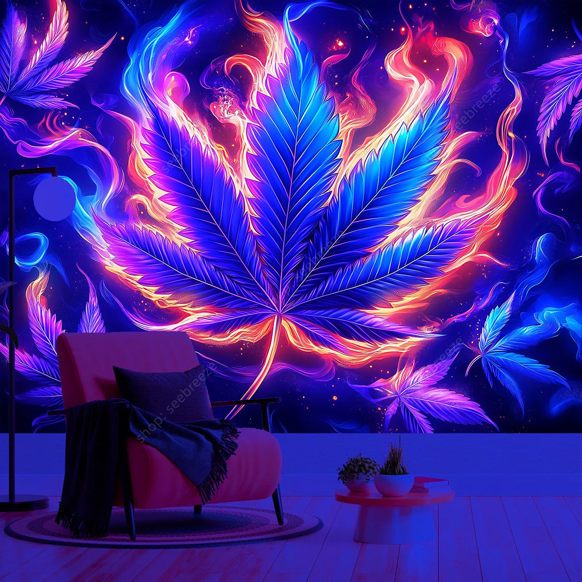 A vibrant neon cannabis leaf tapestry hangs against a dark blue background, illuminated by purple and pink light.