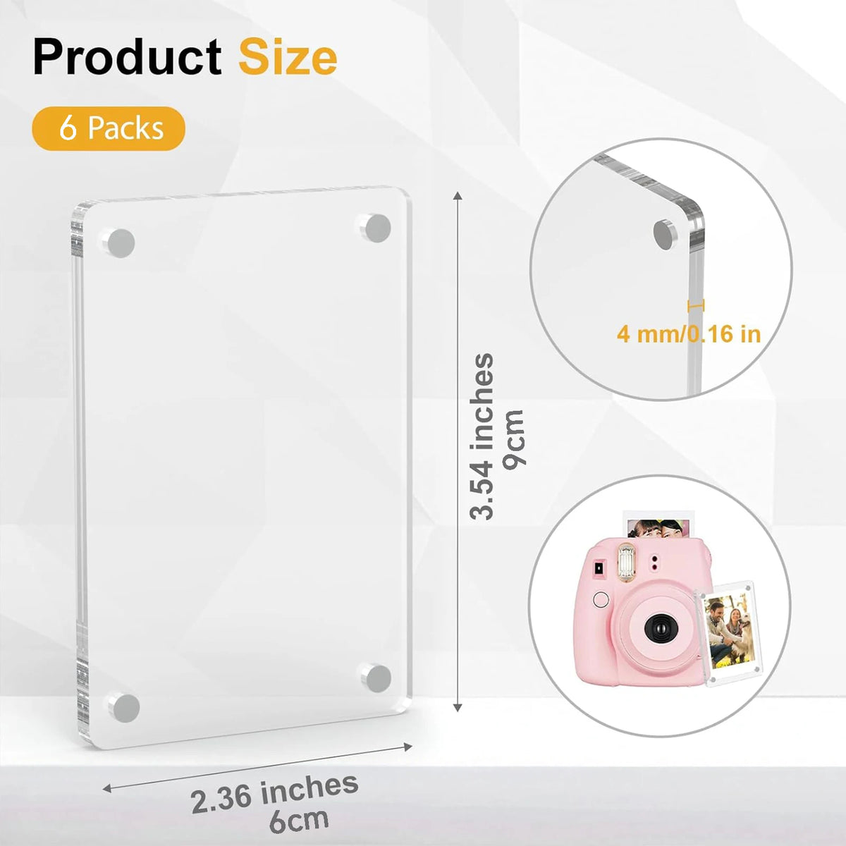 A white clear acrylic magnetic photo frame shown next to a smartphone for size comparison.