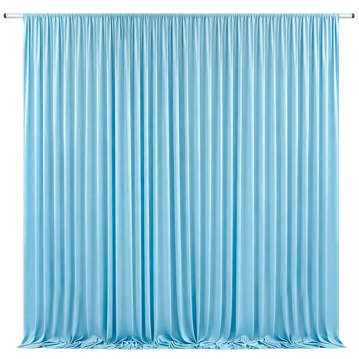 Light blue pleated fabric drapery backdrop used for weddings and parties