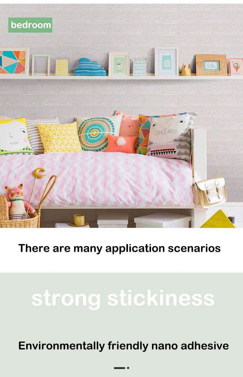 A pink bed decorated with various foam wall panels and decorative items on a shelf.
