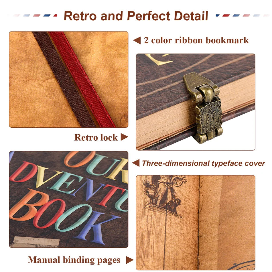 Close-up of a handmade photo scrapbook album showing a retro lock, ribbon bookmark, and manual binding pages.