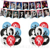 A collection of music-themed latex balloons featuring various album covers and musical icons for party decorations