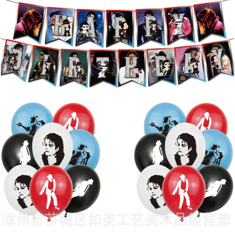 A collection of music-themed latex balloons featuring various album covers and musical icons for party decorations