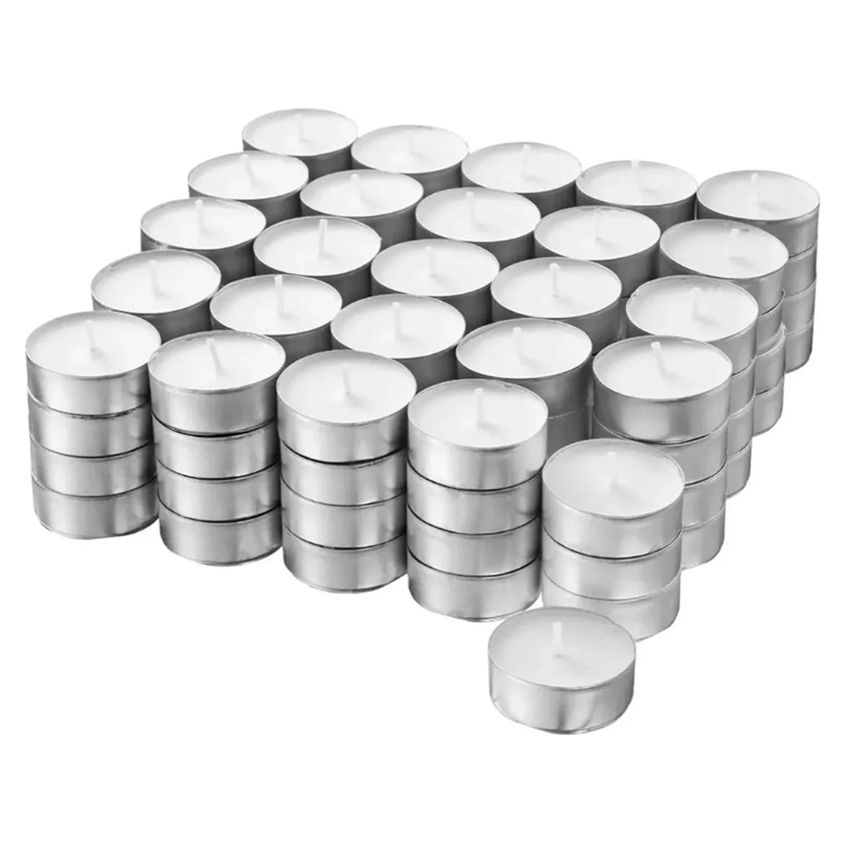 A collection of silver metal tealight candle holders stacked in rows.