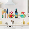 A set of seven rustic wooden kitchen wall decor pieces including a fork, cup, knife, wine bottle, and glass art
