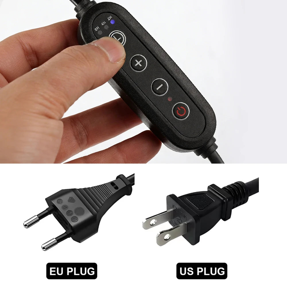 A hand holds an adjustable electric candle warmer lamp with separate EU and US plugs.