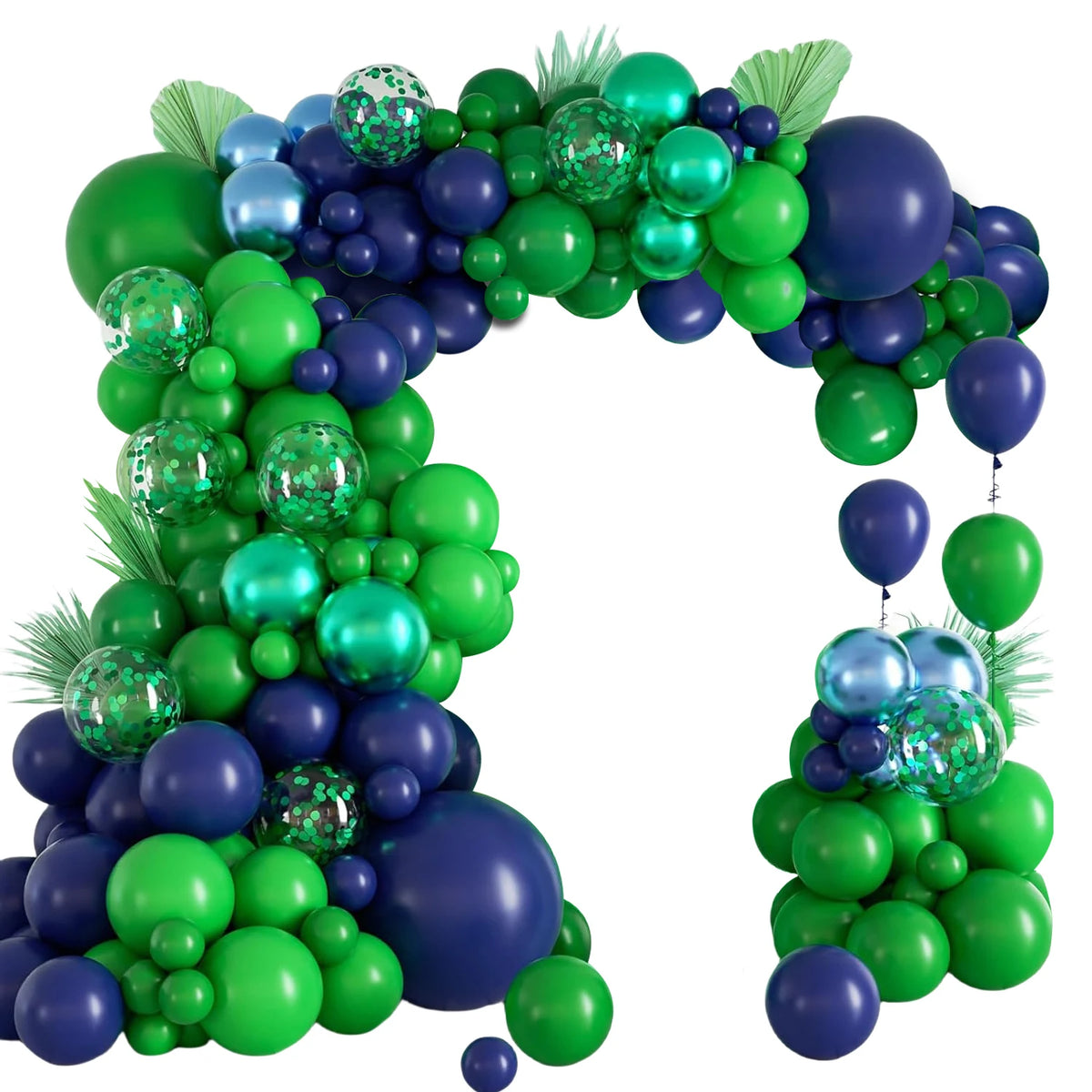 A vibrant balloon arch set featuring green and purple balloons arranged in an arch shape.