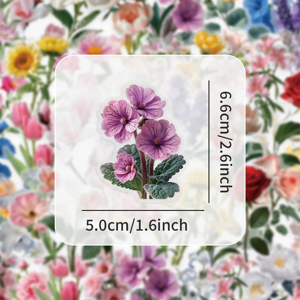 A transparent floral decal featuring a purple flower on a white background, with size measurements provided.