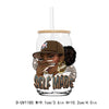 A brown hat is resting on the rim of a clear tumbler featuring the text SELF MADE in gold lettering.