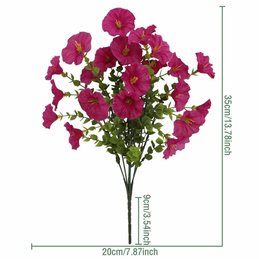 Artificial pansy flower bouquet with pink flowers and green eucalyptus stems