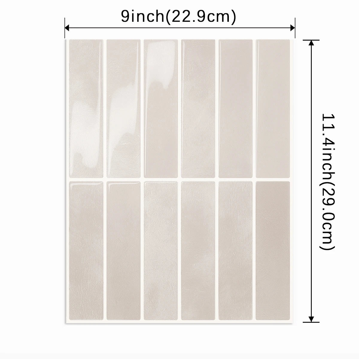 A set of nine rectangular, self-adhesive heat resistant wall tiles in a beige or light tan color.