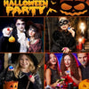 A collage of people and characters dressed in Halloween costumes, featuring glow rings with pumpkin, ghost, and spider design
