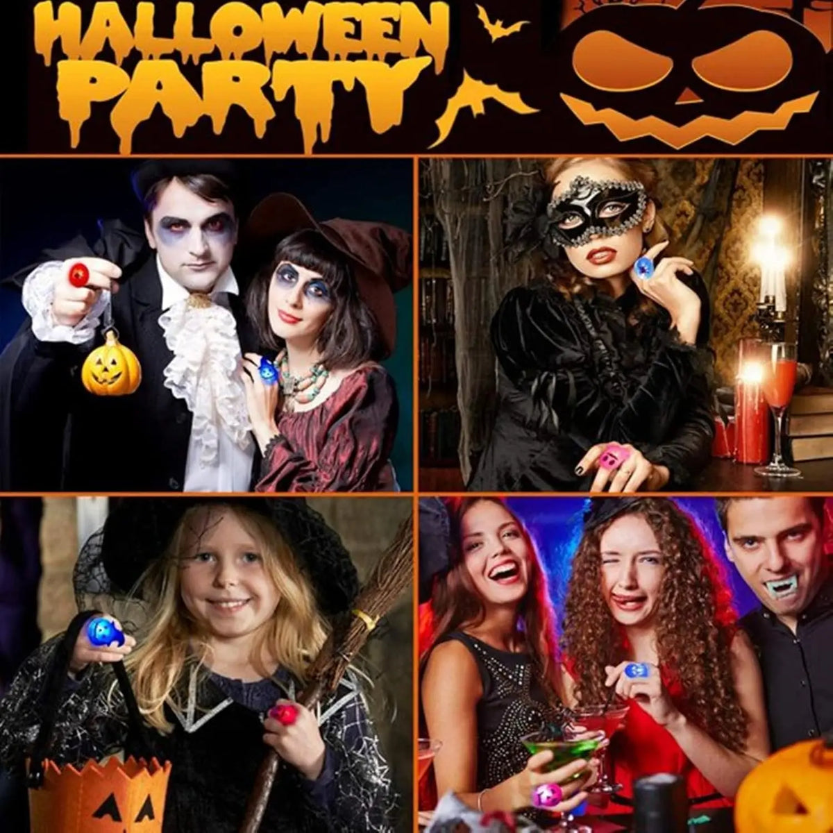 A collage of people and characters dressed in Halloween costumes, featuring glow rings with pumpkin, ghost, and spider design