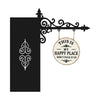A black antique library lantern with a decorative wrought iron sign that reads This is my happy place