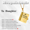Gold pendant necklace with a rectangular charm engraved with a message for a daughter