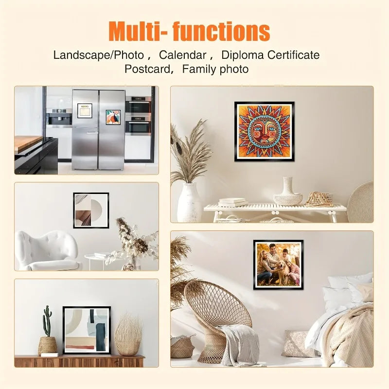 A collection of various framed art pieces and photo cards displayed on a light background.