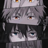 A vertical collage of several anime characters with varying hair colors and intense eyes.