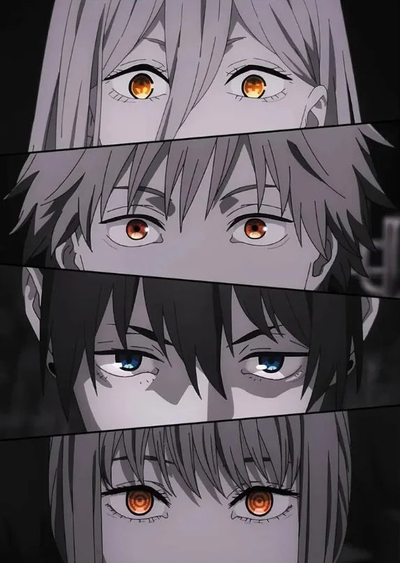 A vertical collage of several anime characters with varying hair colors and intense eyes.