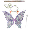 A set of sparkling fairy wings, a wand, and a floral crown for a costume.