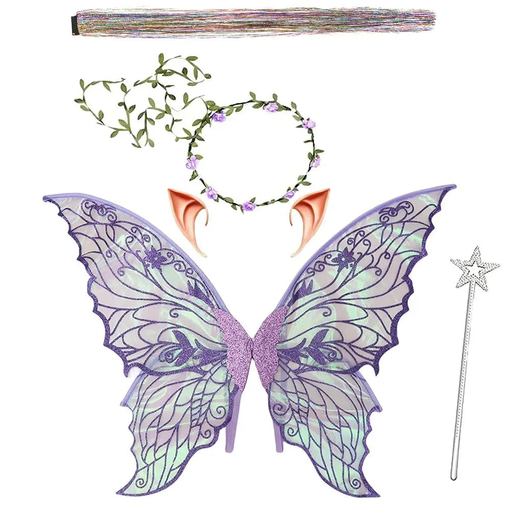 A set of sparkling fairy wings, a wand, and a floral crown for a costume.