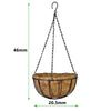 A metal hanging basket suspended by chains, featuring a woven coconut fiber liner.