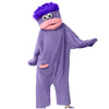 A purple plush monster loungewear romper with purple hair and a pink mouth visible.