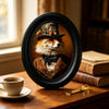 A Renaissance portrait of a fox wearing a hat, set in a black wooden photo frame on a wooden table.