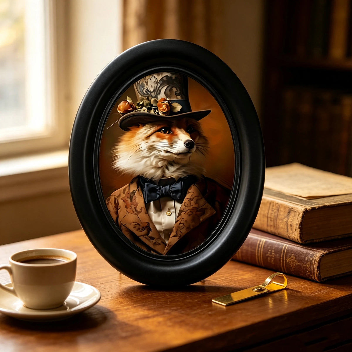 A Renaissance portrait of a fox wearing a hat, set in a black wooden photo frame on a wooden table.