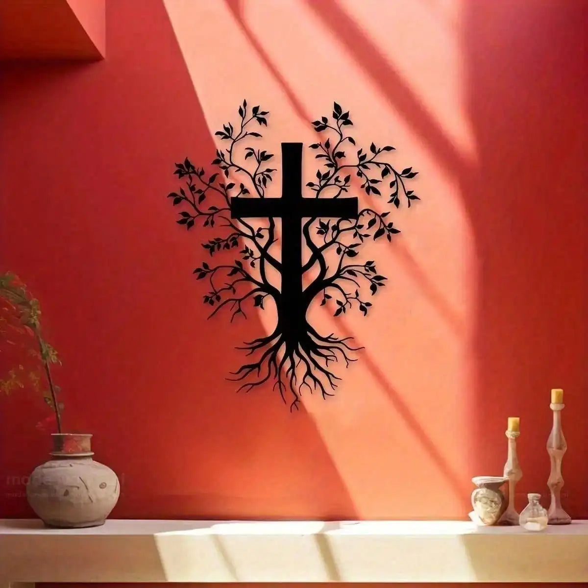 Black silhouette of an iron branch cross with roots on a terracotta wall, illuminated by sunlight.