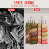 Before and after comparison showing a space-saving 5-tier rotating organizer hanger with swivel hooks for bags