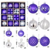 A collection of festive Christmas ball ornaments in various colors and finishes including purple, silver, and iridescent shad