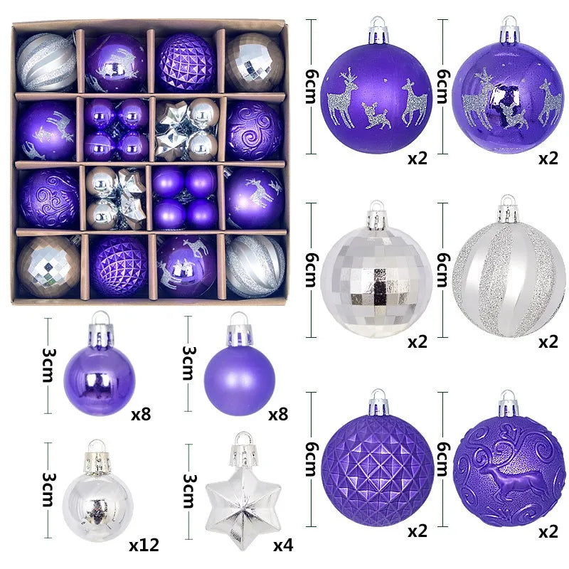 A collection of festive Christmas ball ornaments in various colors and finishes including purple, silver, and iridescent shad