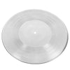 Silver vinyl record platter with concentric grooves and a central spindle.