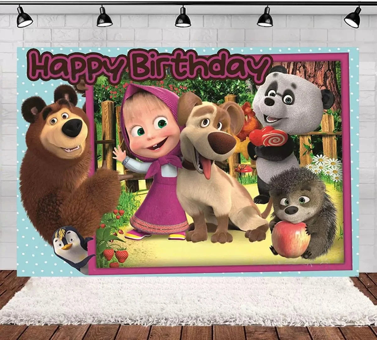 A colorful illustration featuring anthropomorphic bears and a rabbit celebrating a happy birthday.
