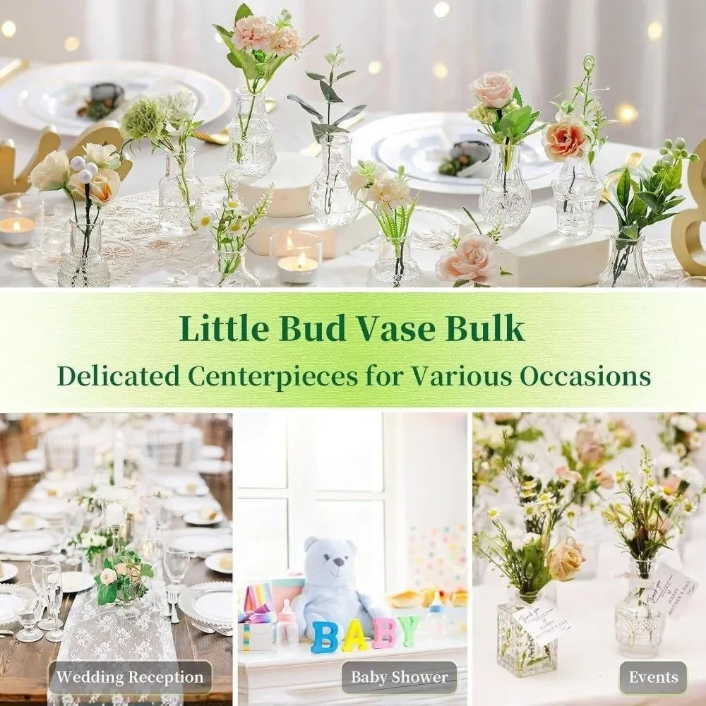 Bulk set of diamond faceted glass bud vases with delicate floral arrangements for various occasions