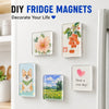 A display of five colorful acrylic fridge magnets featuring floral, fruit, and nature designs for home decor.