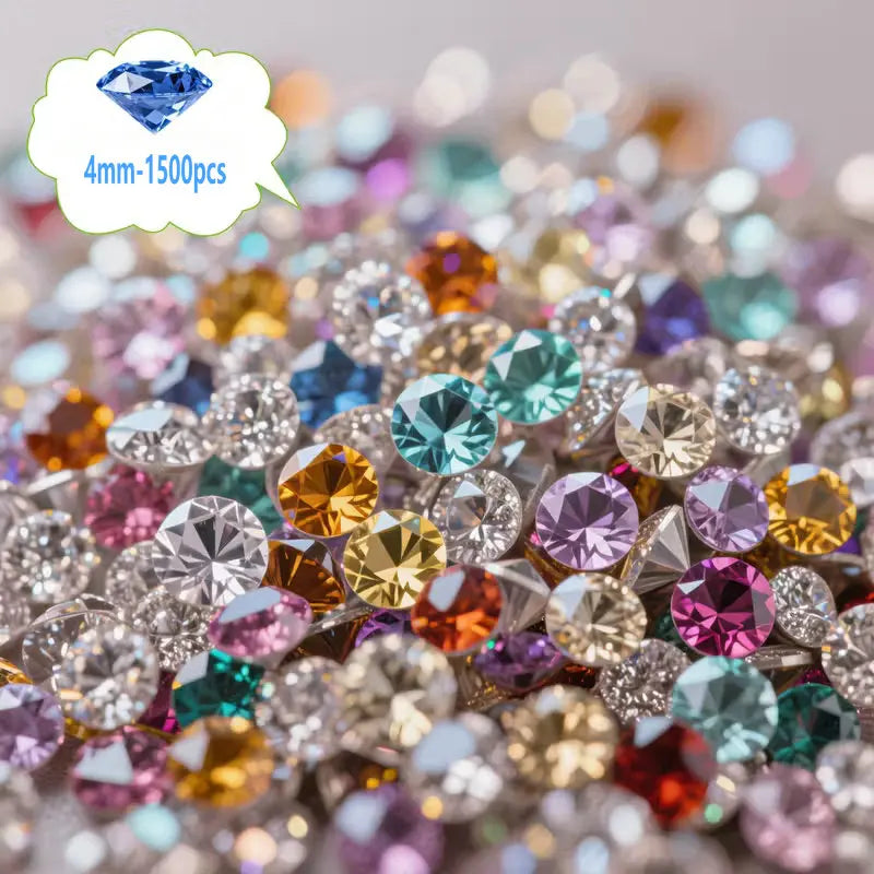 A close-up of a scatter of colorful acrylic diamond gemstones in various shades and sizes.