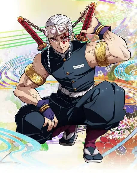 Anime style illustration of Kyojuro Rengoku with a determined expression and ornate clothing.