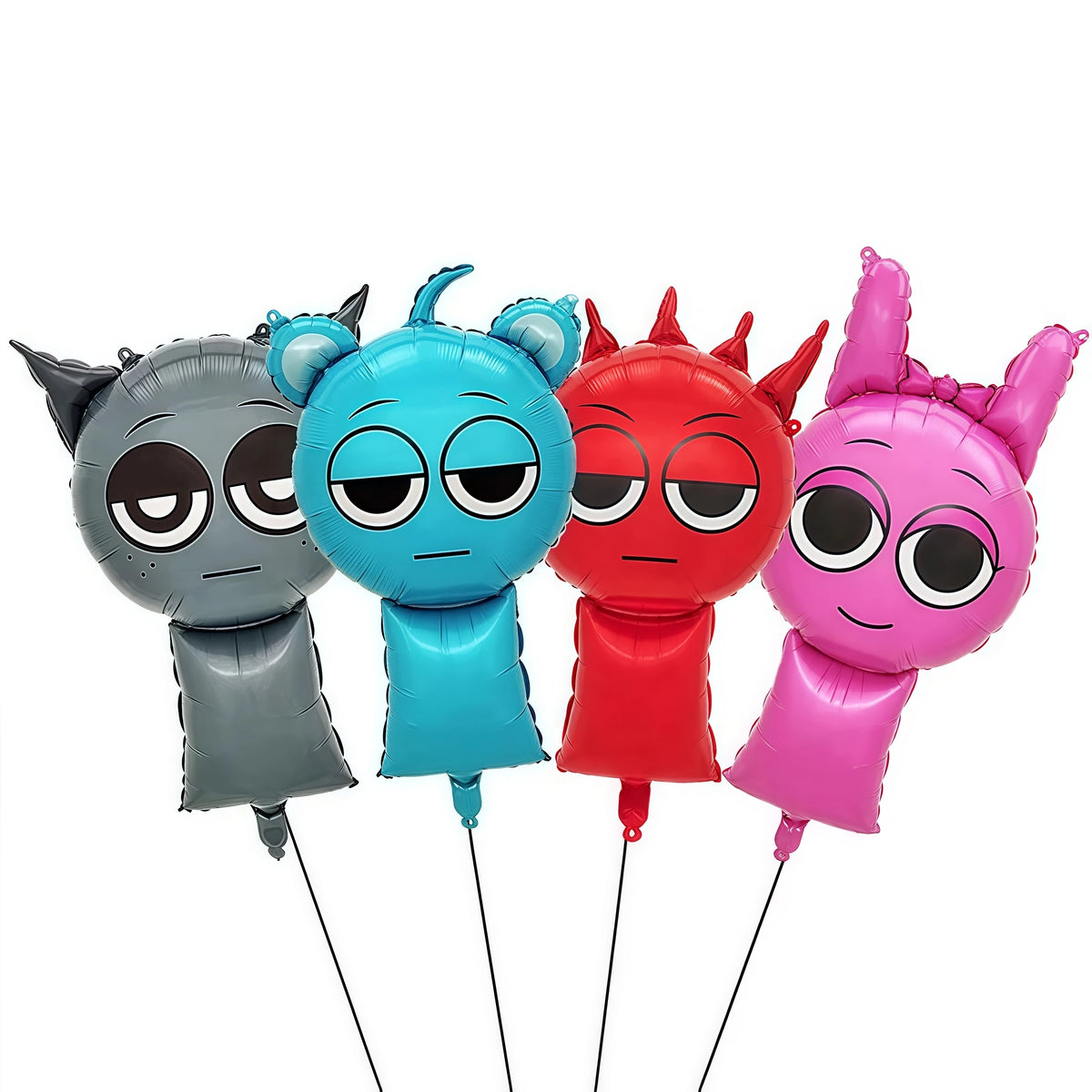 A set of four blue and pink balloon figures resembling Sprunkies characters.