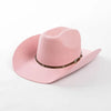 A pink felt cowboy hat with a brown studded leather band.