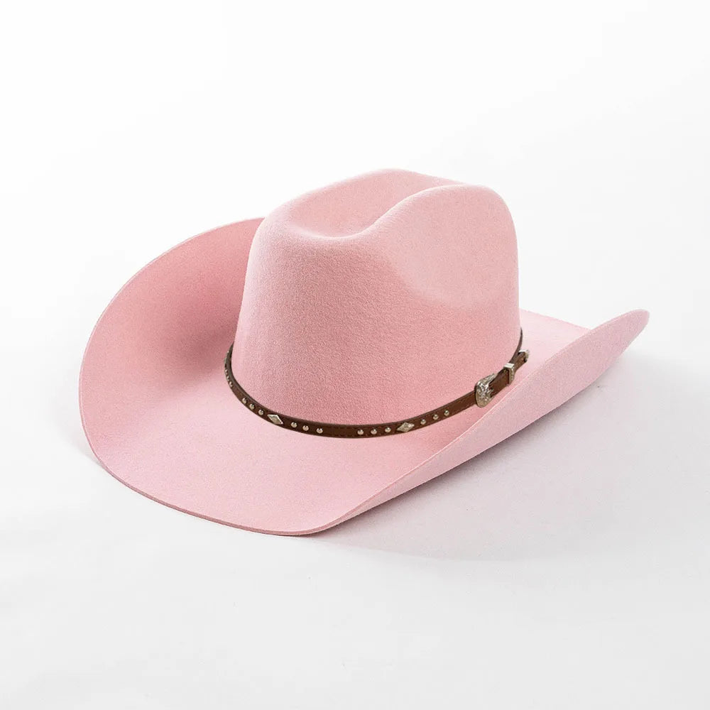 A pink felt cowboy hat with a brown studded leather band.