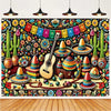 A vibrant Mexican fiesta photo backdrop featuring colorful cacti, a guitar, and various floral and decorative elements.