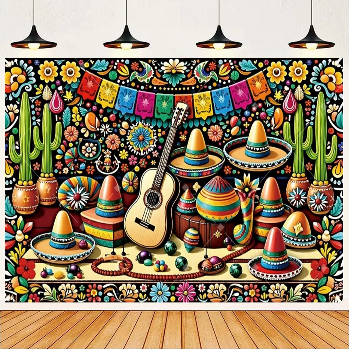 A vibrant Mexican fiesta photo backdrop featuring colorful cacti, a guitar, and various floral and decorative elements.
