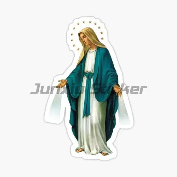A decal sticker set featuring a depiction of the Mary Catholic Virgin God with long blonde hair and green robes.