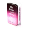 A rectangular tin box for The Hidden Truth Oracle deck with a pink and purple gradient design.