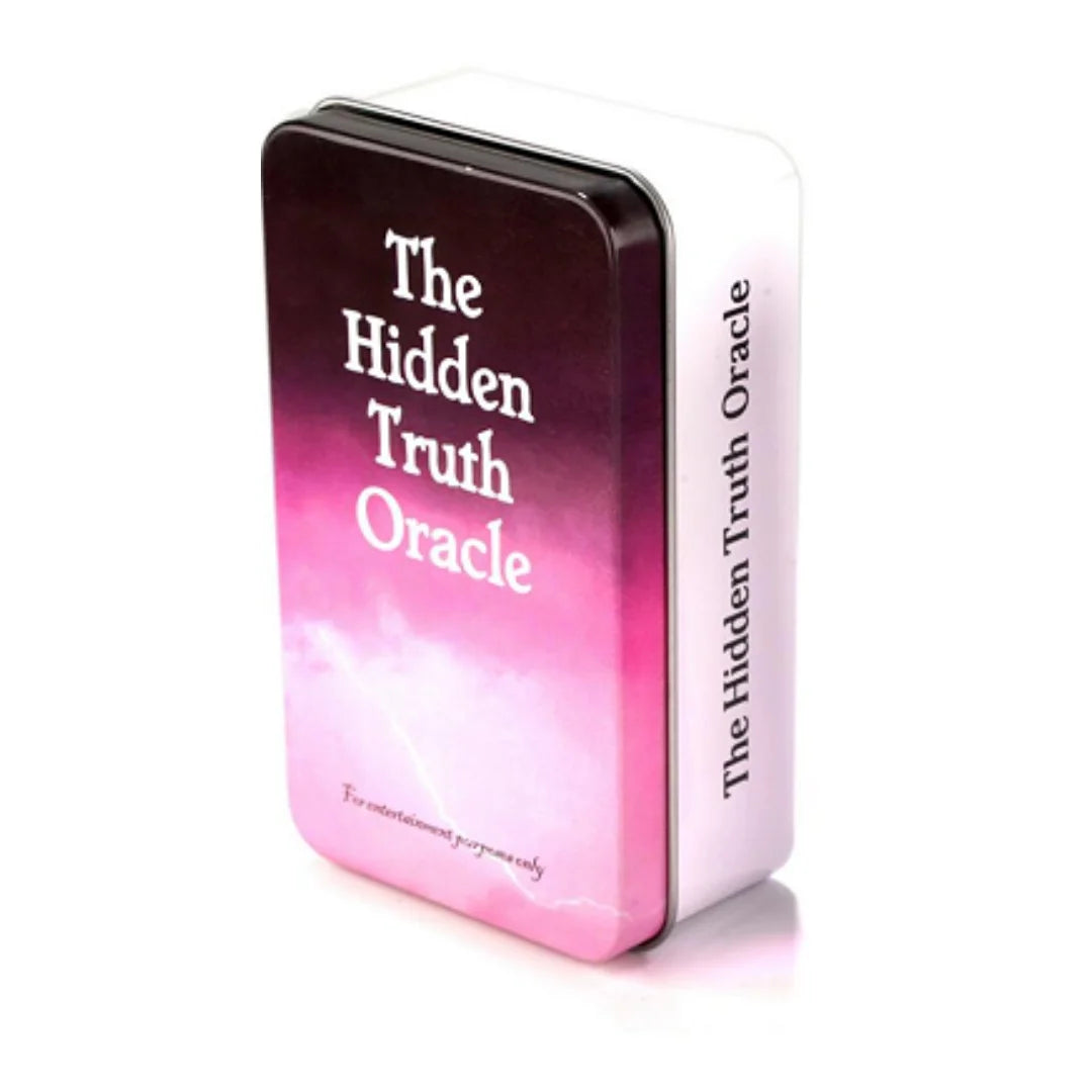 A rectangular tin box for The Hidden Truth Oracle deck with a pink and purple gradient design.