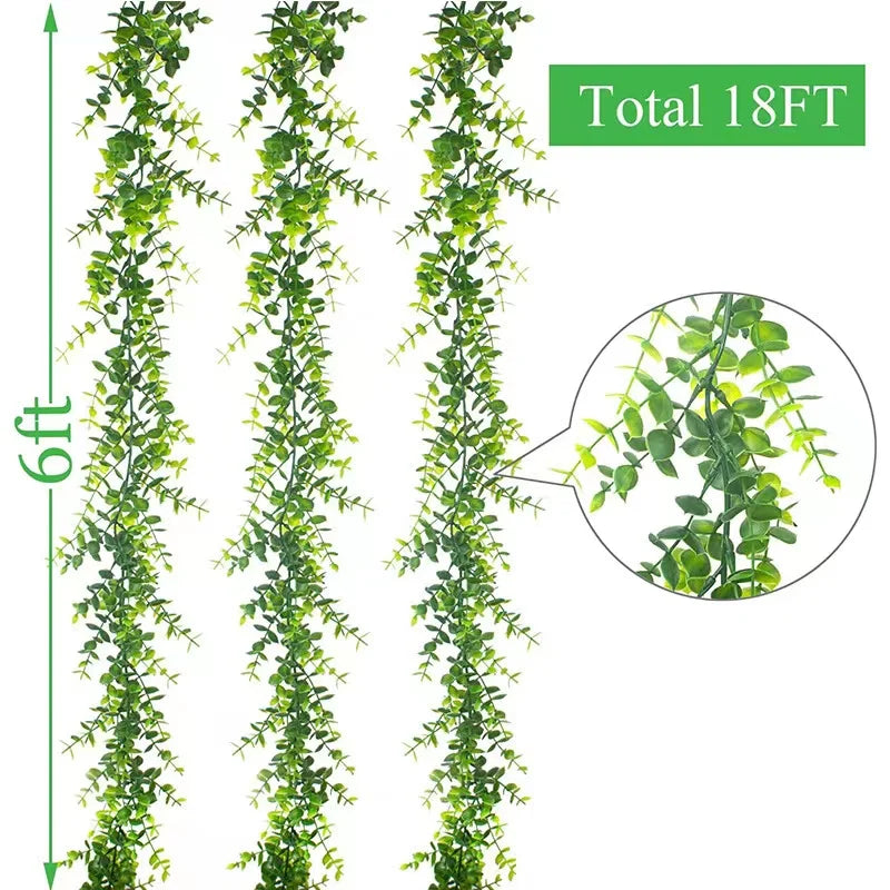 A vertical display of artificial green plant vines, measuring 18 feet in total length.
