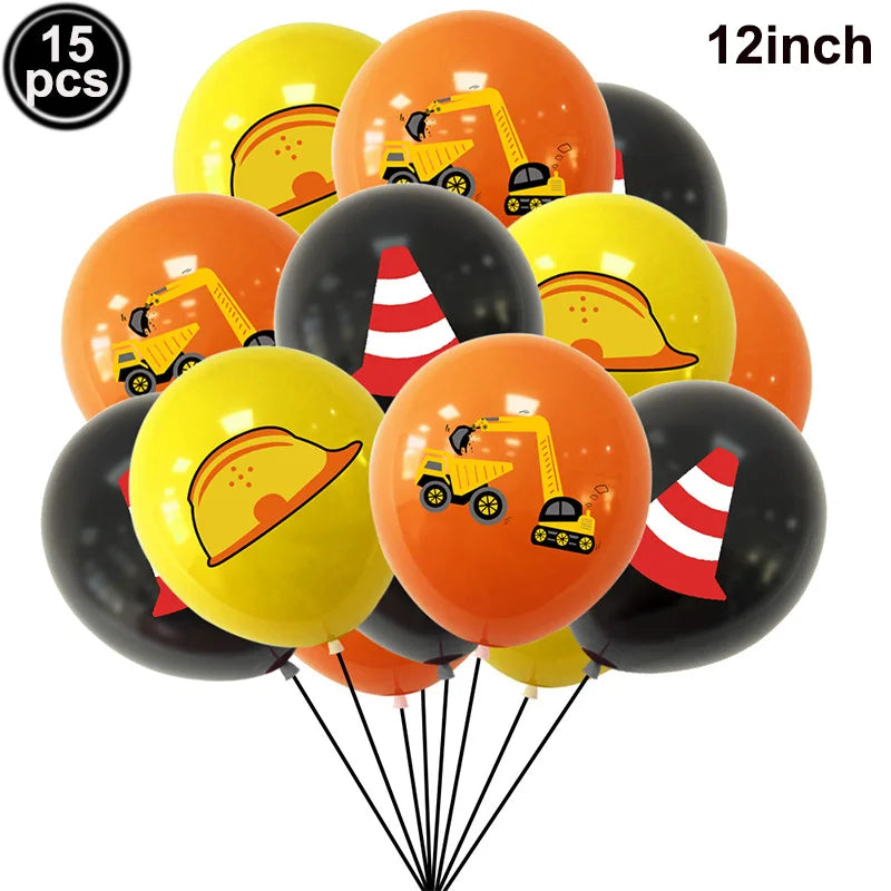 A set of 15 orange and yellow balloons shaped like construction vehicles for a birthday party.